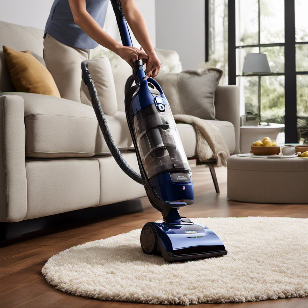 An image showcasing a person using a high-powered vacuum cleaner with a HEPA filter, effortlessly removing pet hair from a plush carpet