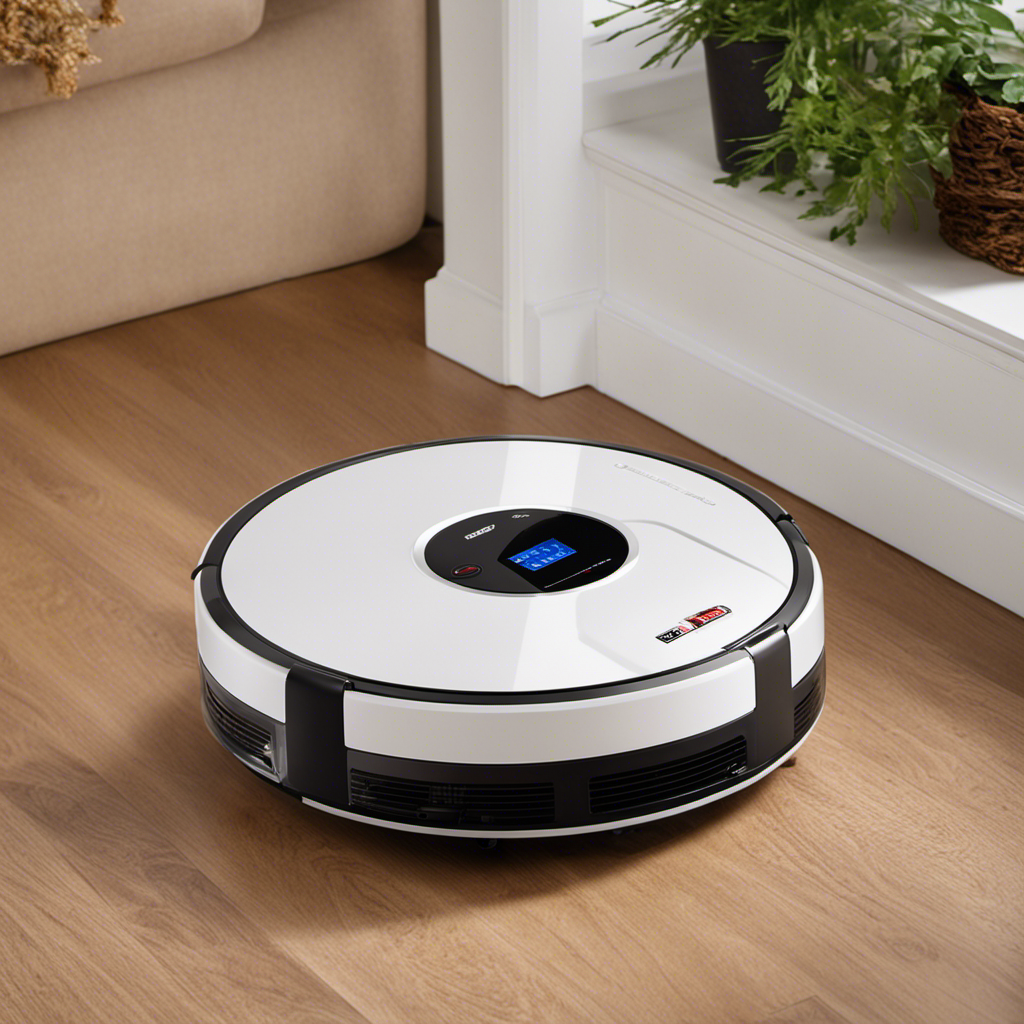 An image showcasing a close-up view of a Bobsweep Pet Hair robot vacuum, with clear visibility of the serial number sticker located on the underside of the device