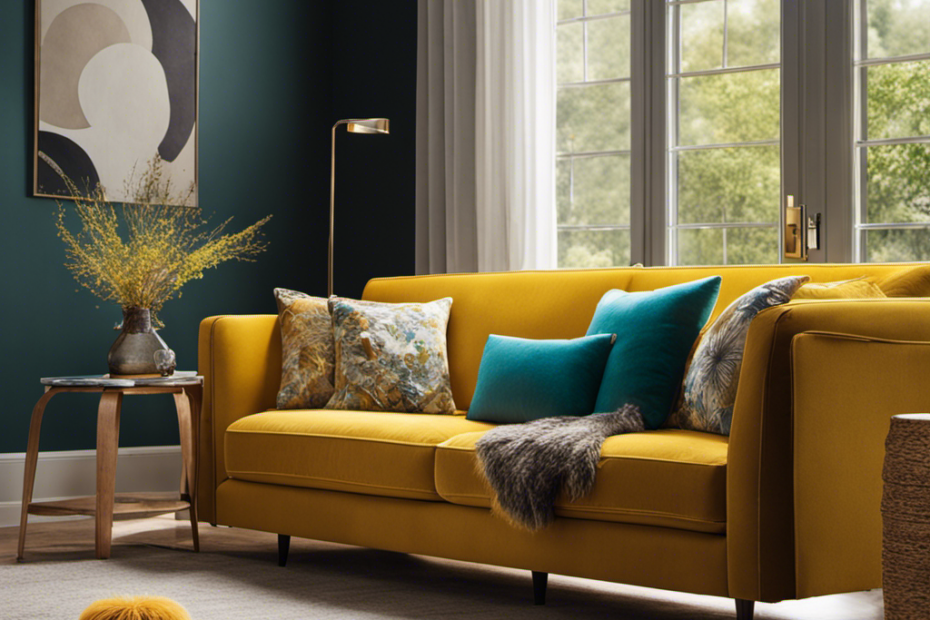 An image capturing a serene living room scene with a vibrant sofa covered in pet hair