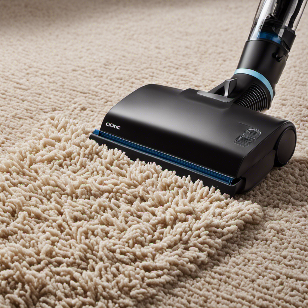 An image showcasing a close-up of a vacuum cleaner nozzle gliding over a plush carpet, effectively extracting every last embedded pet hair strand