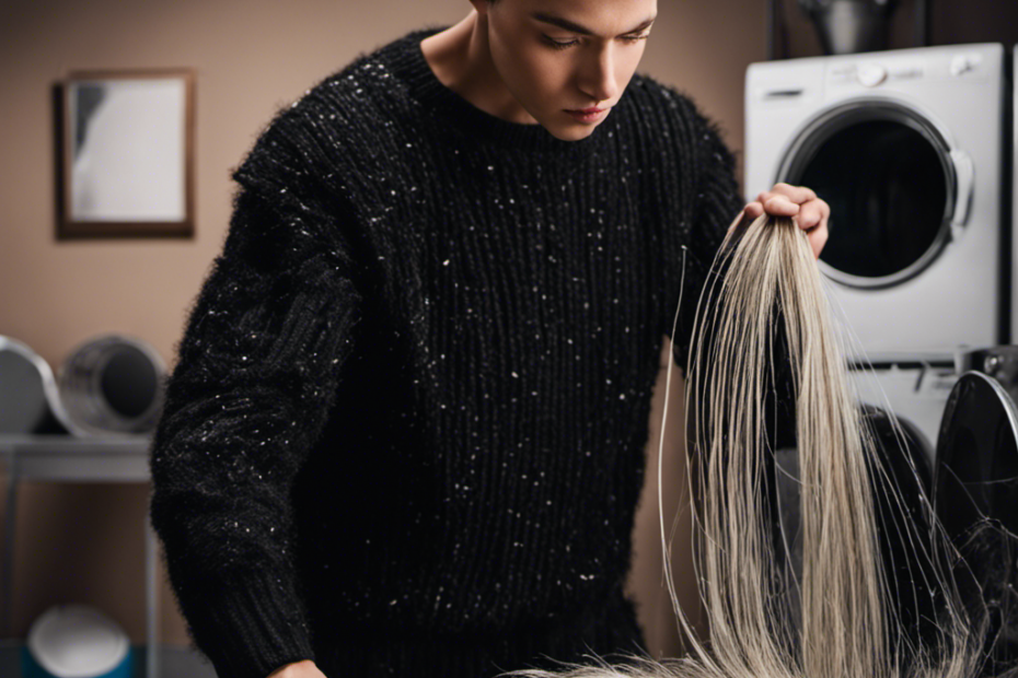An image: a person wearing a black sweater covered in a thick layer of pet hair, struggling to remove it