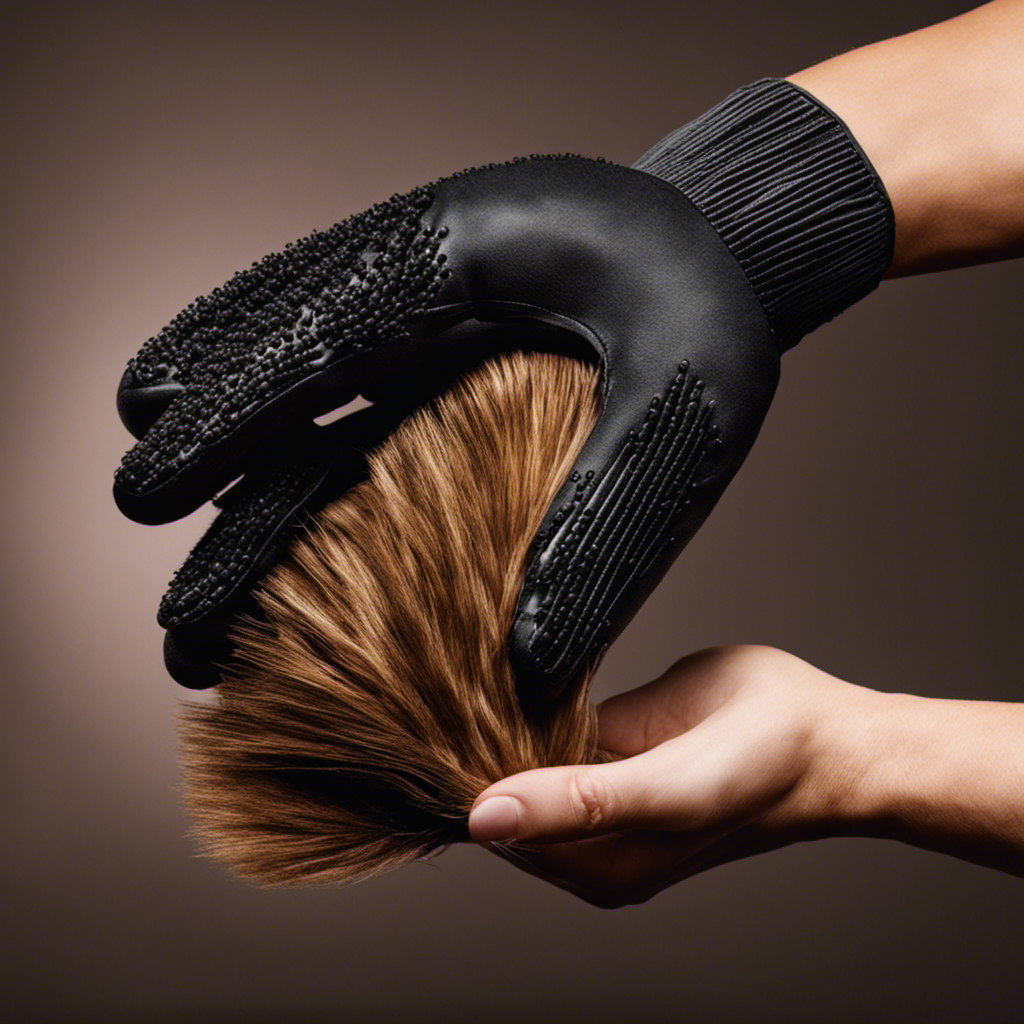 An image showcasing a hand wearing a pet grooming glove covered in a variety of pet hair strands
