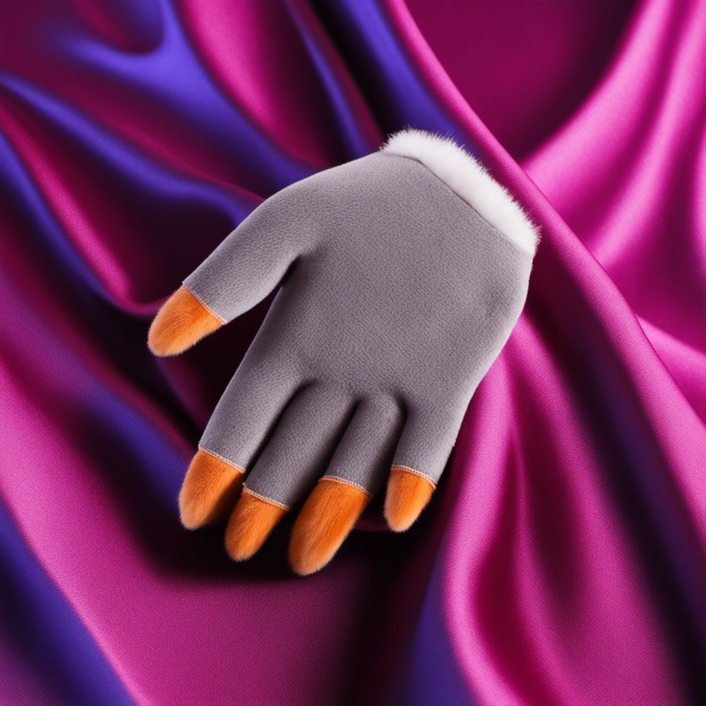An image showcasing a hand wearing a static electricity glove, effortlessly removing pet hair and lint from a vibrant polyester fabric