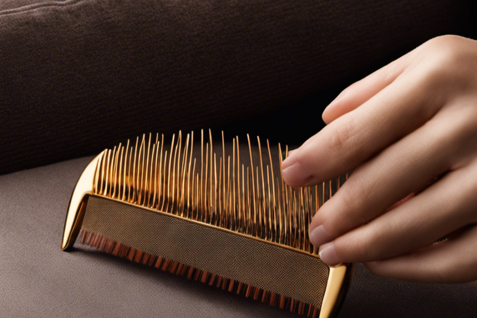 An image showcasing a hand holding a specialized pet hair comb, gently removing thick clumps of fur from a sofa