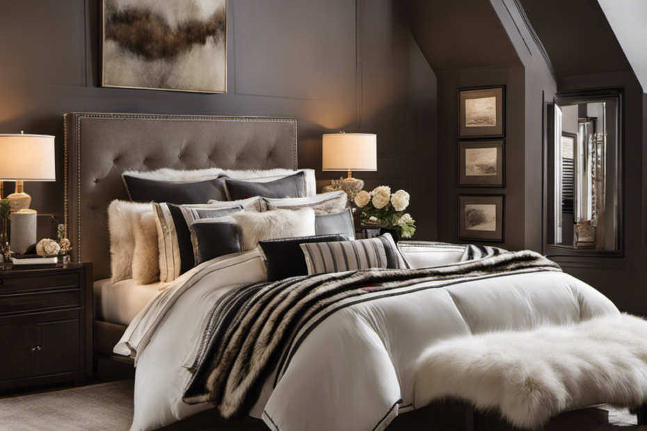 An image showcasing a cozy bedroom with a neatly made bed covered in fur