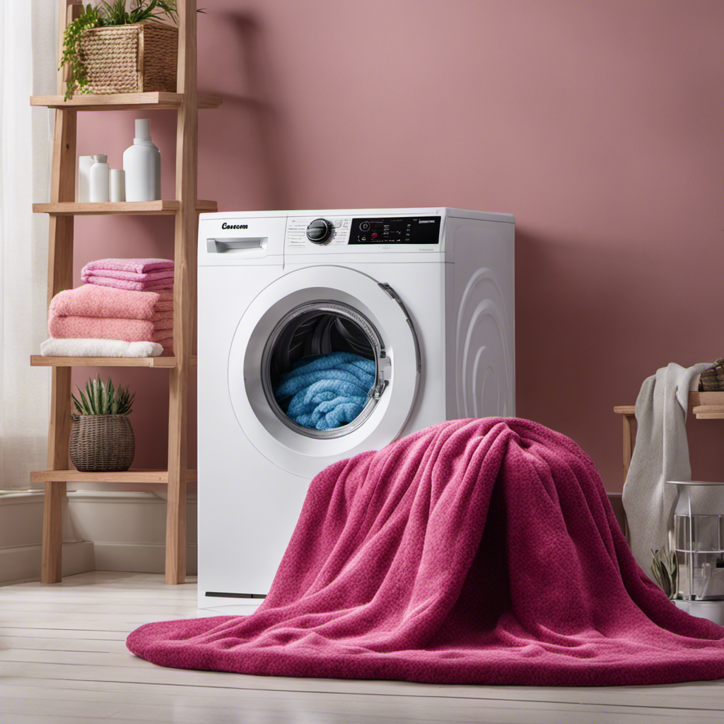 An image showcasing a washing machine with blankets inside, covered in pet hair