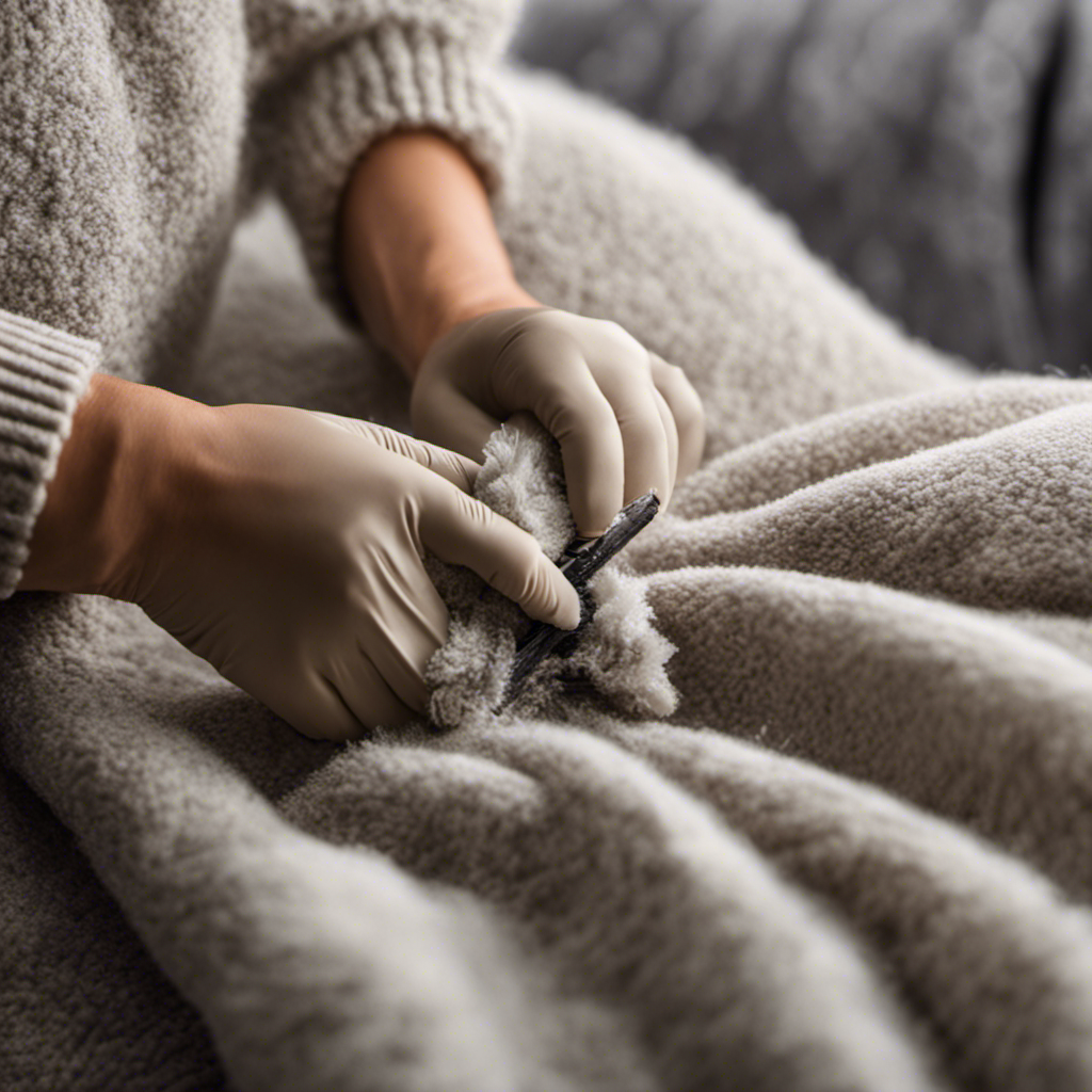 an image showing a pair of hands vigorously brushing a soft, cozy blanket with a rubber glove