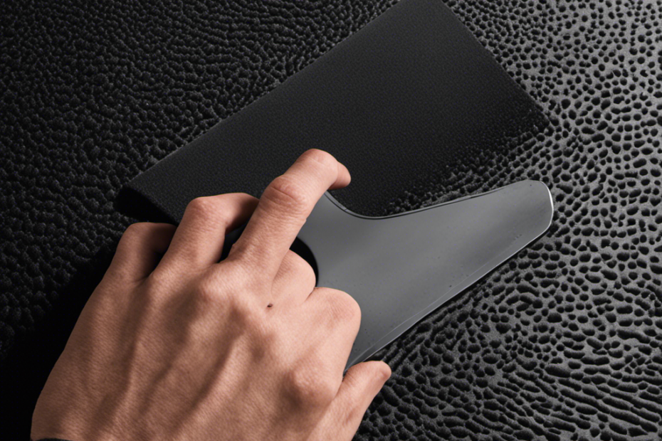 An image showcasing a hand using a rubber squeegee, gliding over the textured surface of a Gel Pro mat, effortlessly removing pet hair