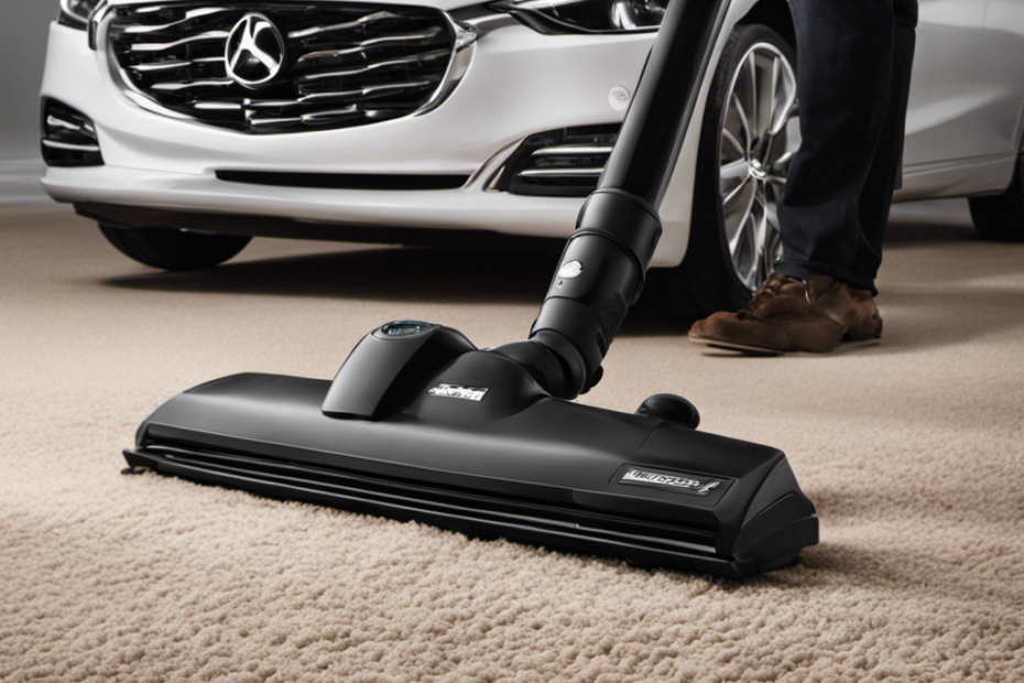 An image showcasing a person using a vacuum cleaner with a specialized pet hair attachment to meticulously remove clumps of fur from a car carpet
