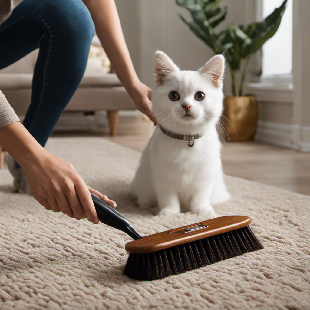 An image that showcases a hand using a rubber bristle brush to gently remove stubborn pet hair from a plush carpet