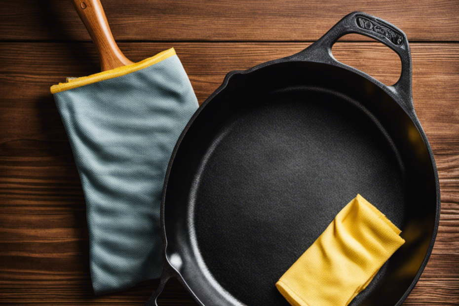 An image showcasing a pair of rubber gloves gently wiping a cast iron skillet with a soft microfiber cloth, effectively removing pet hair