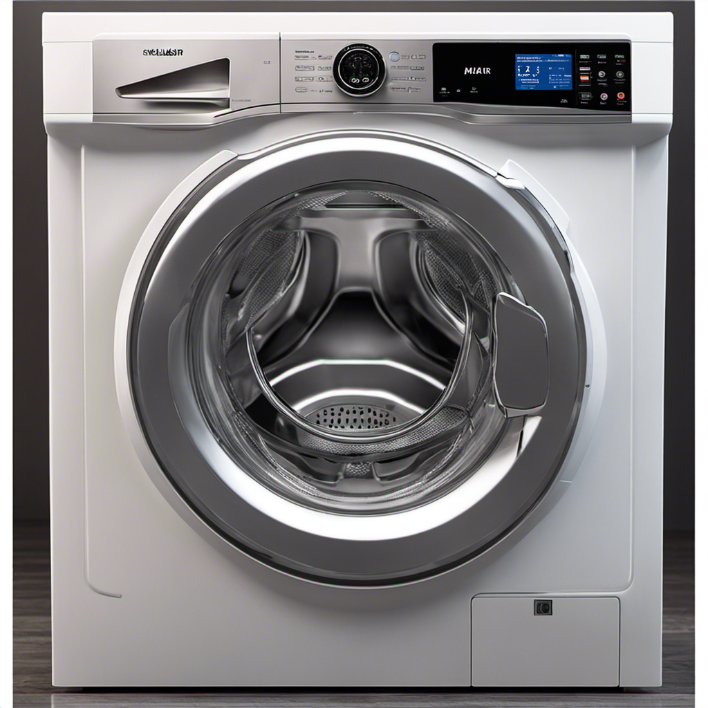 An image showcasing a front-loading washing machine with clothes covered in pet hair