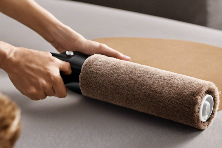 An image capturing a person removing pet hair from their clothes using a lint roller
