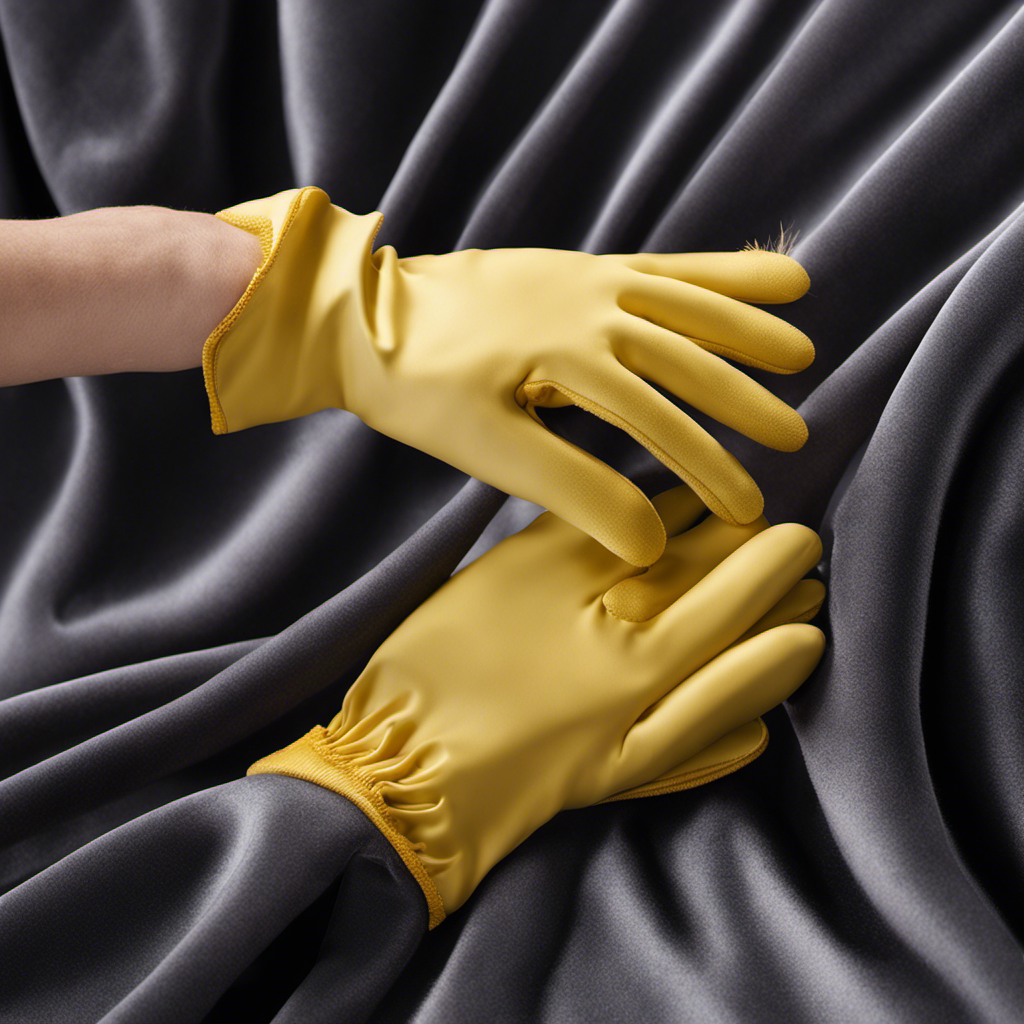 An image showcasing a hand wearing a rubber glove gently gliding over a corded velvet surface, effortlessly removing pet hair