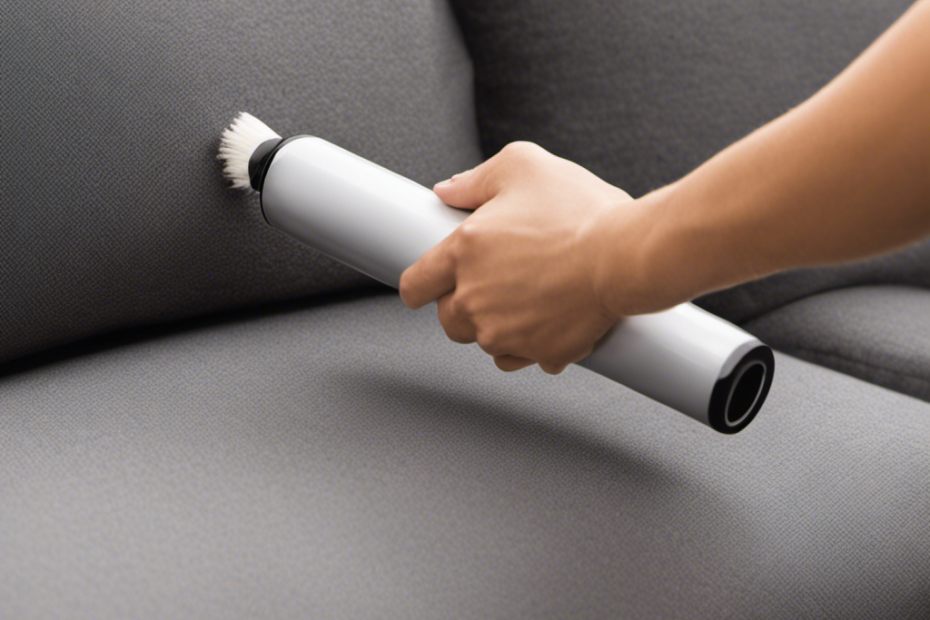 An image showcasing a person using a lint roller to remove pet hair from a couch cover