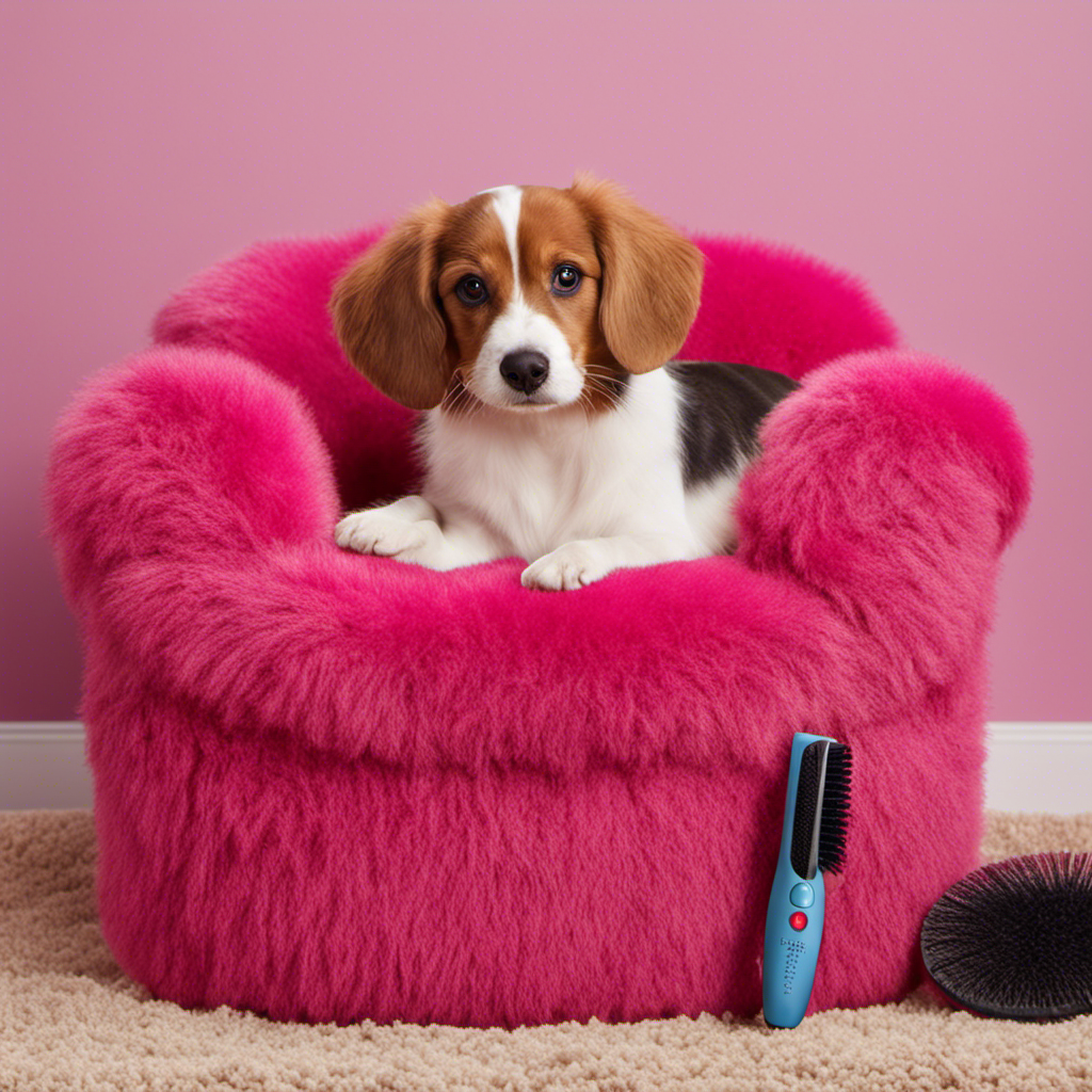 An image that showcases a vibrant couch adorned with an array of pet hair removal tools such as lint rollers, rubber gloves, a handheld vacuum, and a pet grooming brush, all strategically placed to demonstrate effective ways to remove pet hair swiftly