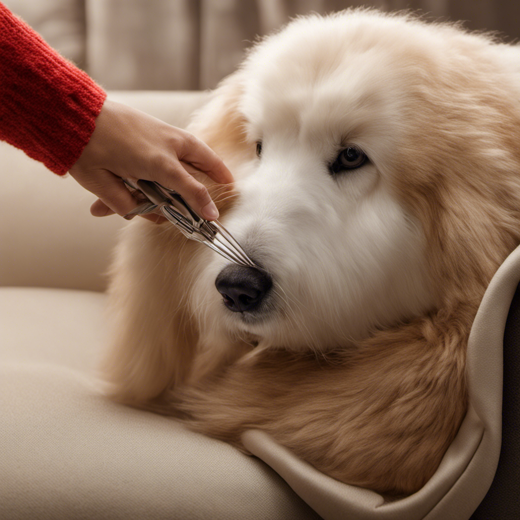 An image showcasing a hand wearing a pet hair removal glove gently gliding over a plush couch, capturing the intricate detail of fur being effortlessly lifted, leaving behind a clean and fur-free surface