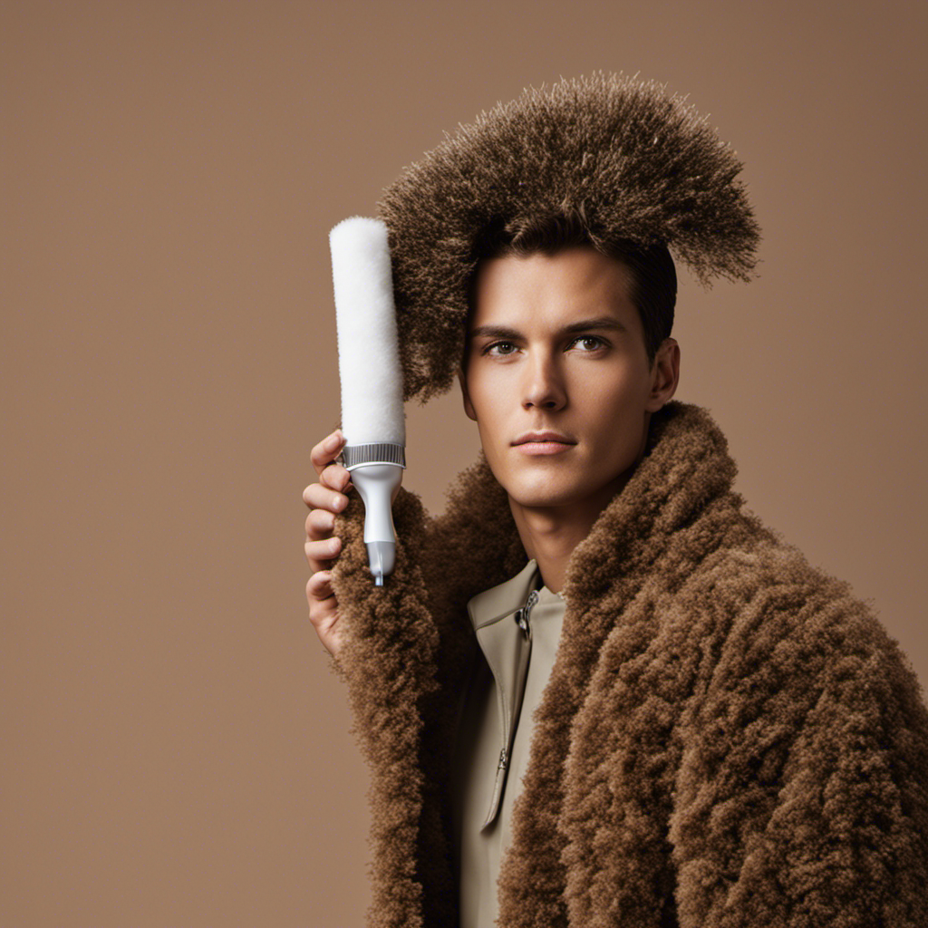 An image of a person wearing a fleece jacket covered in pet hair