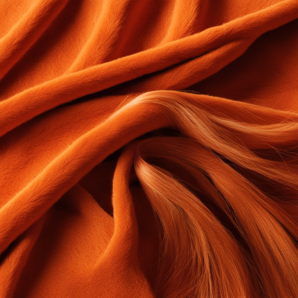 An image showcasing a hand covered in pet hair, gently brushing a bright orange fleece blanket