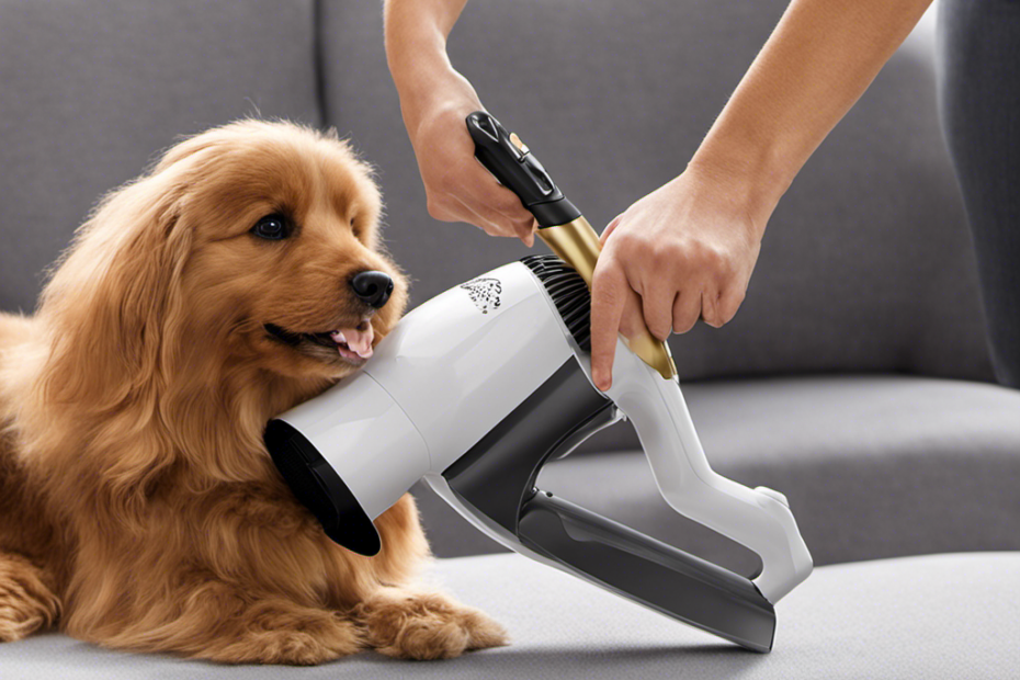 An image featuring a hand-held vacuum cleaner with a brush attachment gliding effortlessly over a plush sofa, effectively removing every strand of pet hair