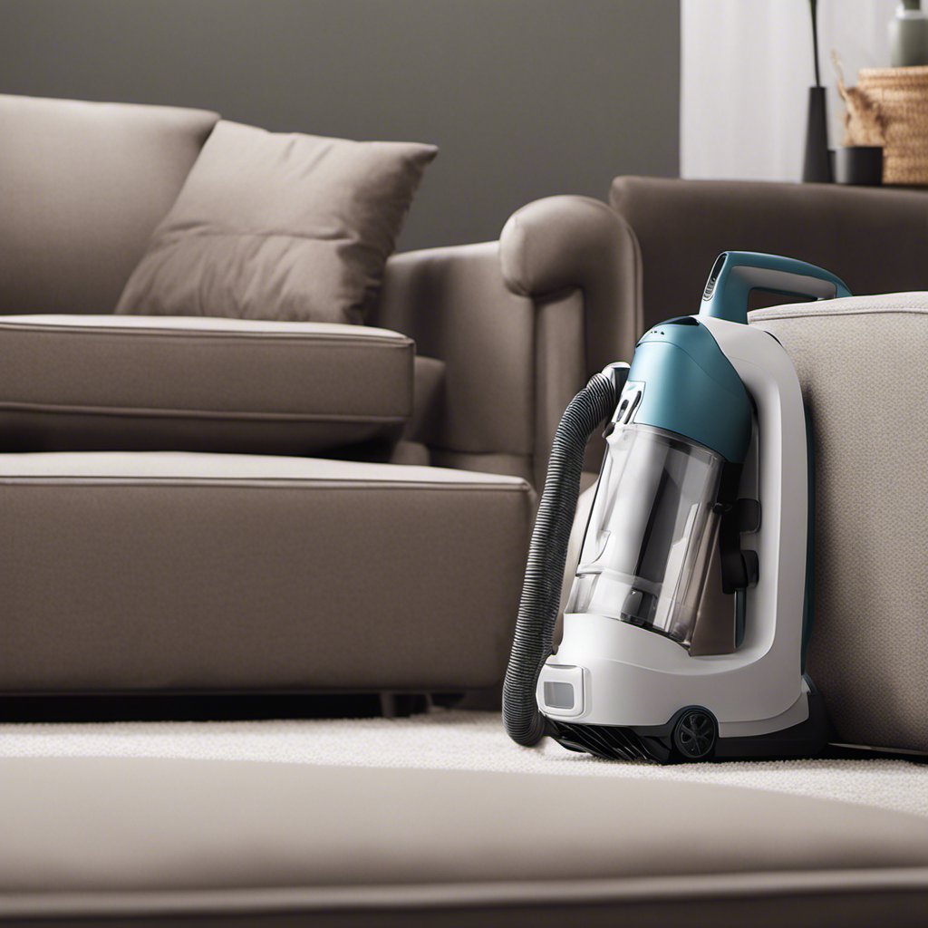 An image showcasing a hand-held vacuum cleaner in action, effortlessly removing pet hair from a plush sofa