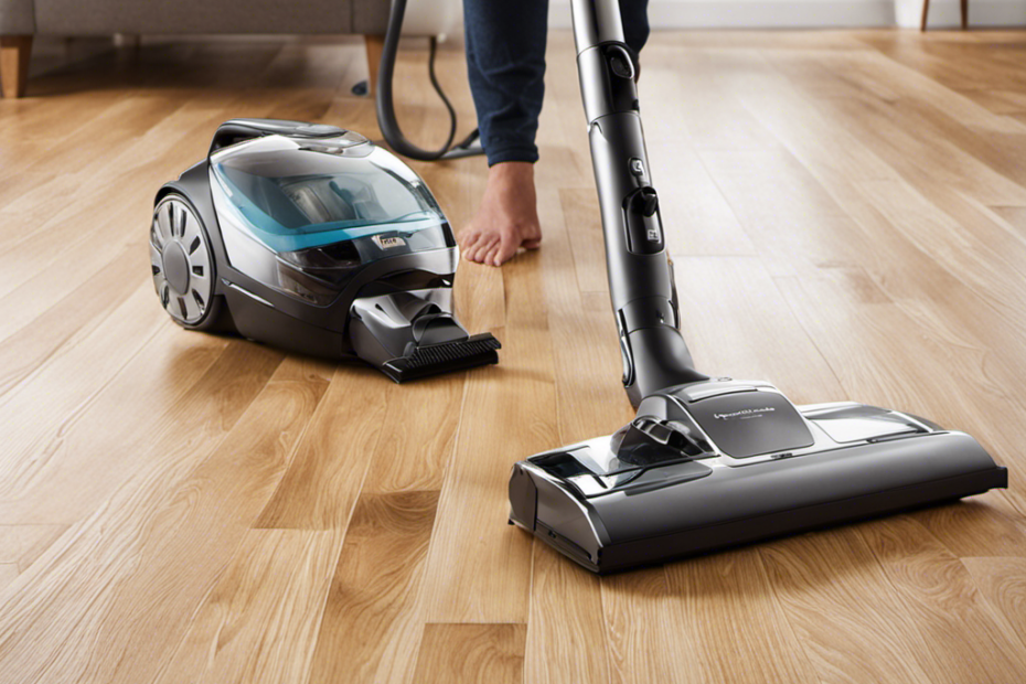 An image showcasing a pristine hardwood floor with a variety of tools such as a vacuum cleaner, lint roller, and microfiber mop, effectively removing pet hair