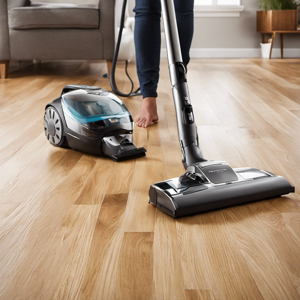An image showcasing a pristine hardwood floor with a variety of tools such as a vacuum cleaner, lint roller, and microfiber mop, effectively removing pet hair