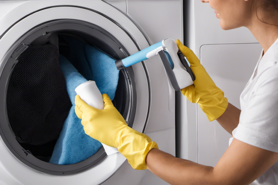 An image showing a person holding a lint roller, removing pet hair from their clothes inside a dryer