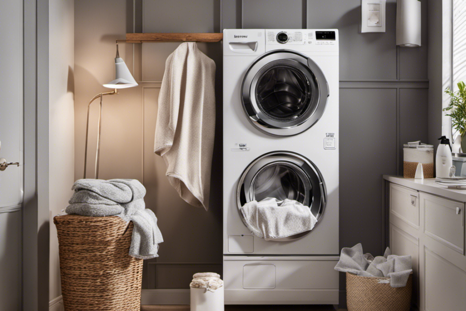 An image showcasing a laundry room scene: a washing machine with clothes covered in pet hair, a lint roller nearby, and a hand holding a fabric softener sheet to illustrate effective techniques for removing pet hair from laundry
