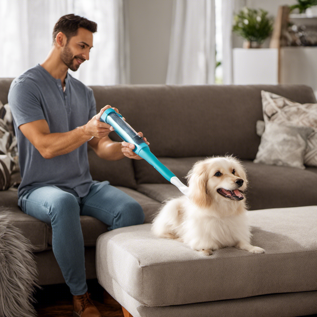 An image showcasing a person using a lint roller to effortlessly remove pet hair from a luxurious microfiber couch
