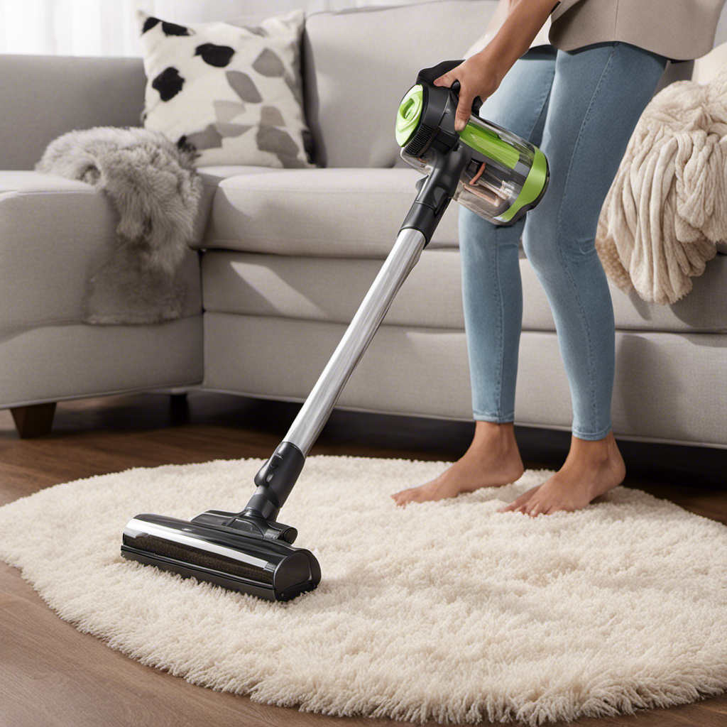 An image capturing the process of removing pet hair from carpet: a vacuum cleaner gliding over the fibers, a lint roller collecting fur, and a rubber glove gently patting the surface, leaving it hair-free