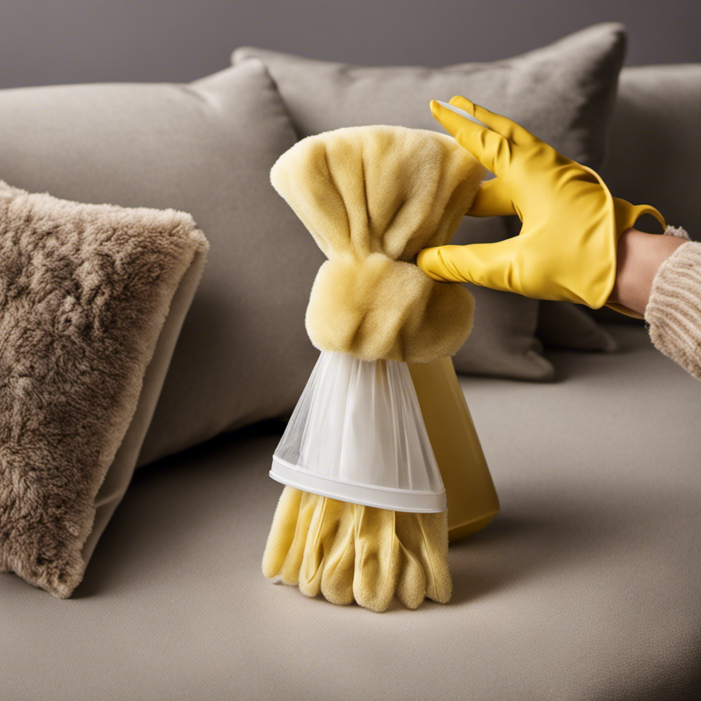 An image showcasing a set of hands wearing rubber gloves, gently gliding a lint roller over a plush sofa, meticulously lifting off clumps of pet hair