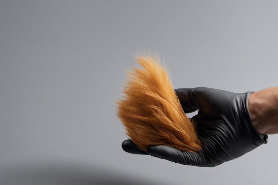 An image capturing a hand wearing a rubber glove, gently swiping a silicone surface covered in pet hair