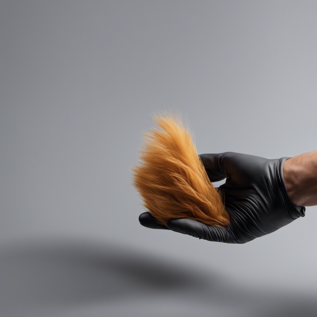 An image capturing a hand wearing a rubber glove, gently swiping a silicone surface covered in pet hair