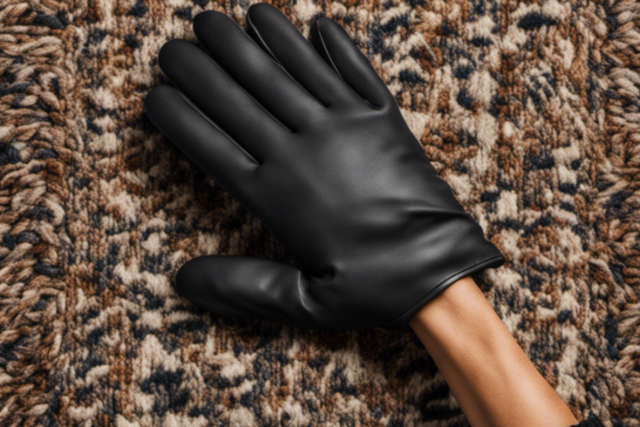 An image depicting a hand holding a rubber glove covered in pet hair, gently swiping it across a patterned rug
