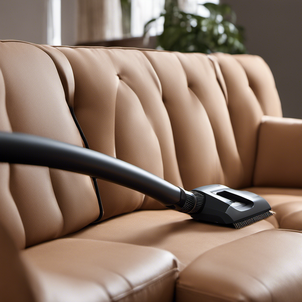 An image illustrating a person using a vacuum cleaner with a pet hair attachment, effortlessly gliding it over a sofa
