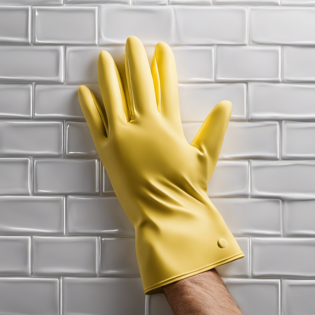 An image showcasing a hand wearing a rubber glove, gently sweeping a textured white tile wall covered in pet hair