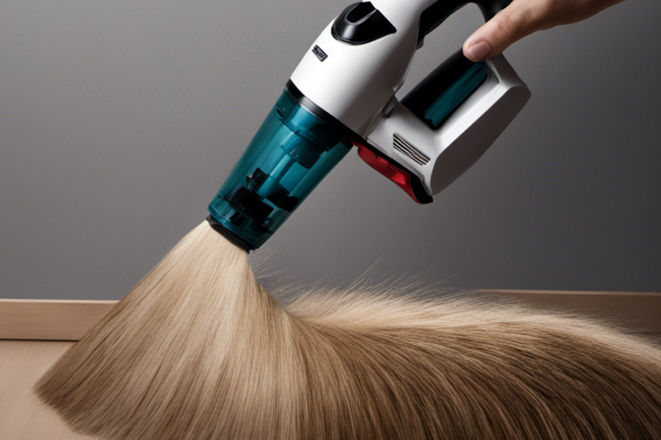 An image showcasing a person using a handheld vacuum cleaner with a brush attachment, effortlessly gliding it along a textured wall covered in pet hair