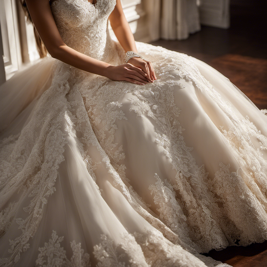An image that showcases a bride gently brushing off delicate strands of pet hair from her elegant wedding dress, with soft sunlight streaming through a window, highlighting the intricate lace and sparkling crystals