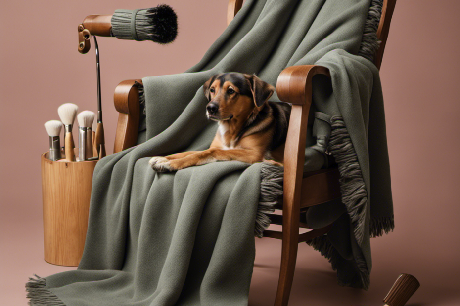 An image depicting a cozy wool blanket draped over a chair, showcasing various tools like lint rollers, rubber gloves, and a fabric brush
