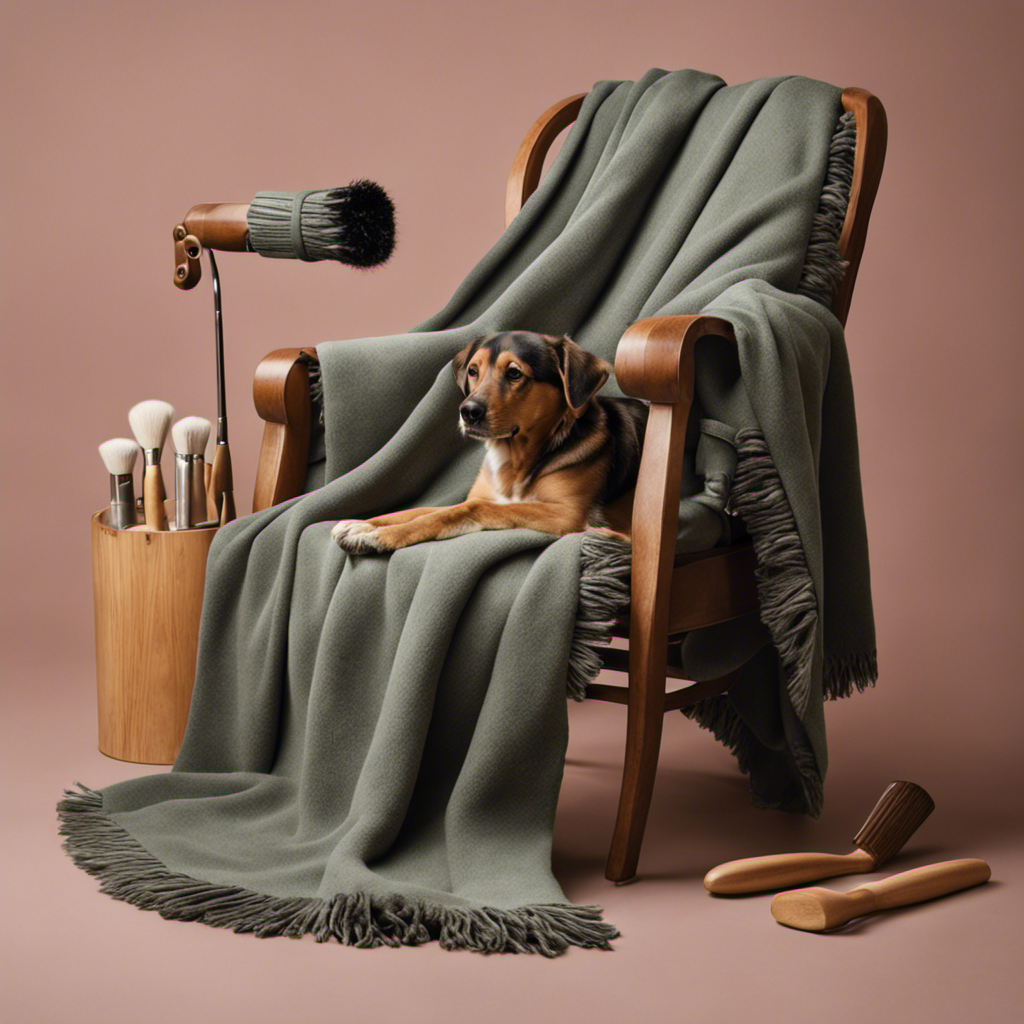 An image depicting a cozy wool blanket draped over a chair, showcasing various tools like lint rollers, rubber gloves, and a fabric brush