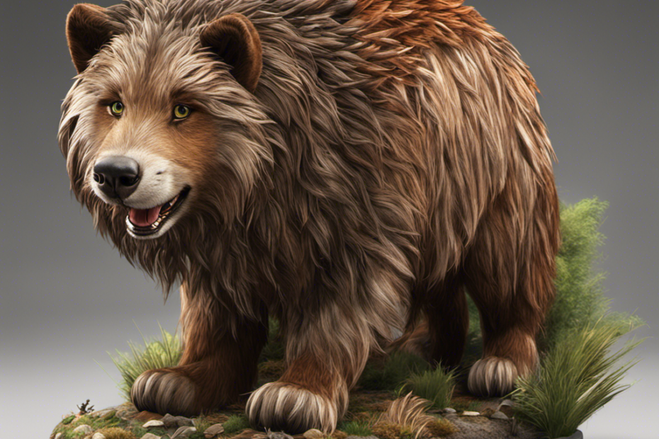 An image featuring a character in Ark grooming a tamed creature, carefully brushing out its fur, with a few loose hairs floating in the air and a pile of collected pet hair or wool nearby