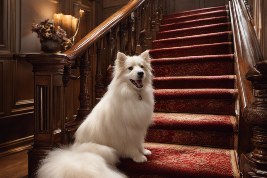 An image that showcases a flight of carpeted stairs covered in fluffy pet hair