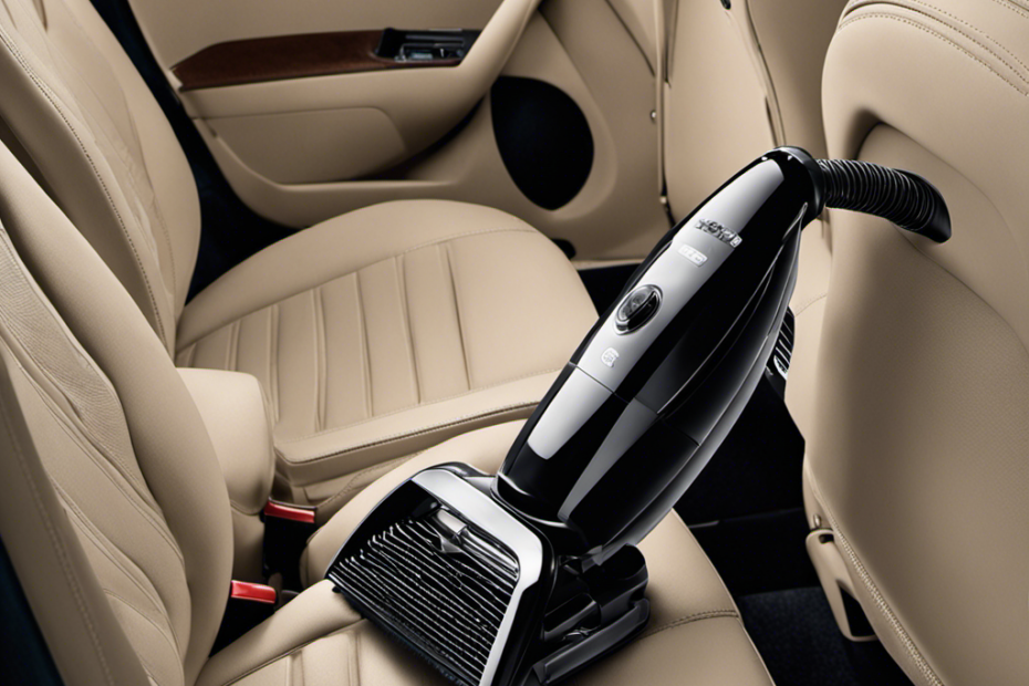 An image capturing a hand-held vacuum gently gliding over car seats, effectively sucking up stubborn pet hair