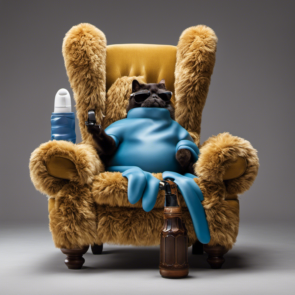 An image showcasing a person wearing rubber gloves, armed with a lint roller, meticulously removing copious amounts of pet hair from a plush chair