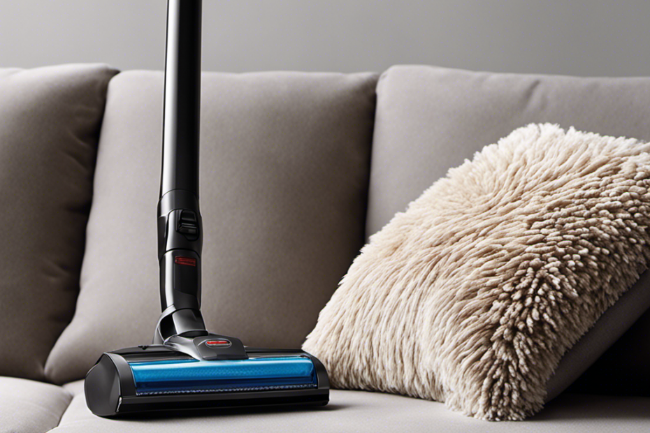 An image capturing a close-up of a vacuum cleaner's brush attachment gliding effortlessly over a plush couch, effectively removing clumps of pet hair