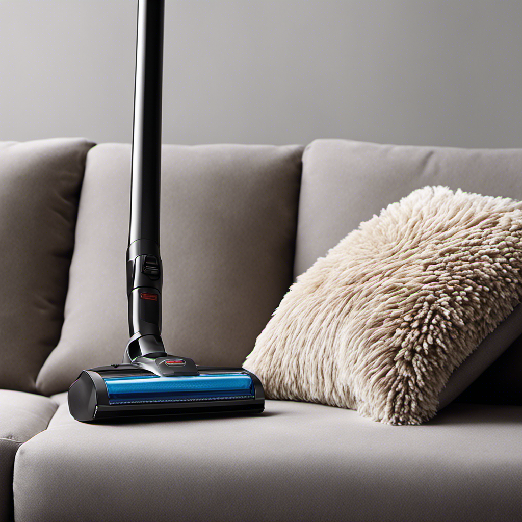 An image capturing a close-up of a vacuum cleaner's brush attachment gliding effortlessly over a plush couch, effectively removing clumps of pet hair