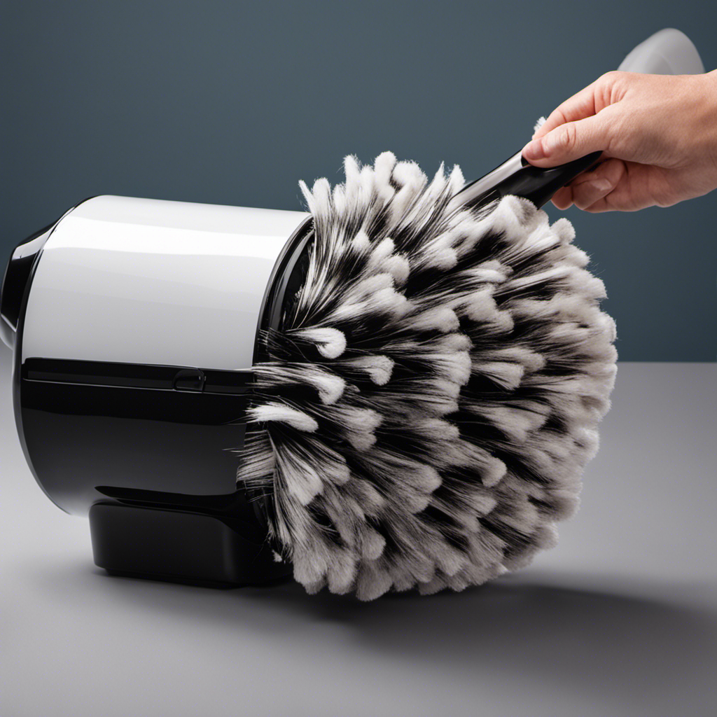 An image showcasing a hand removing clumps of fluffy pet hair from a dryer drum, with a lint roller nearby