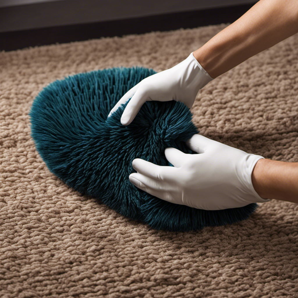 An image capturing a hand holding a rubber grooming glove, gently gliding over a plush area rug