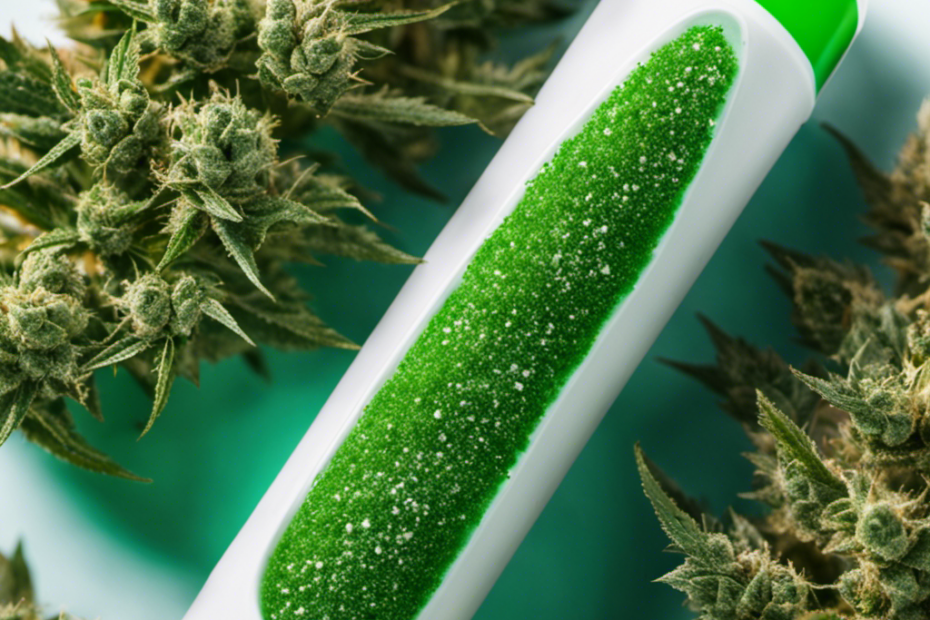 An image showcasing a person using a lint roller to remove pet hair from cannabis buds, with vibrant green leaves and sticky resin crystals glistening in the background